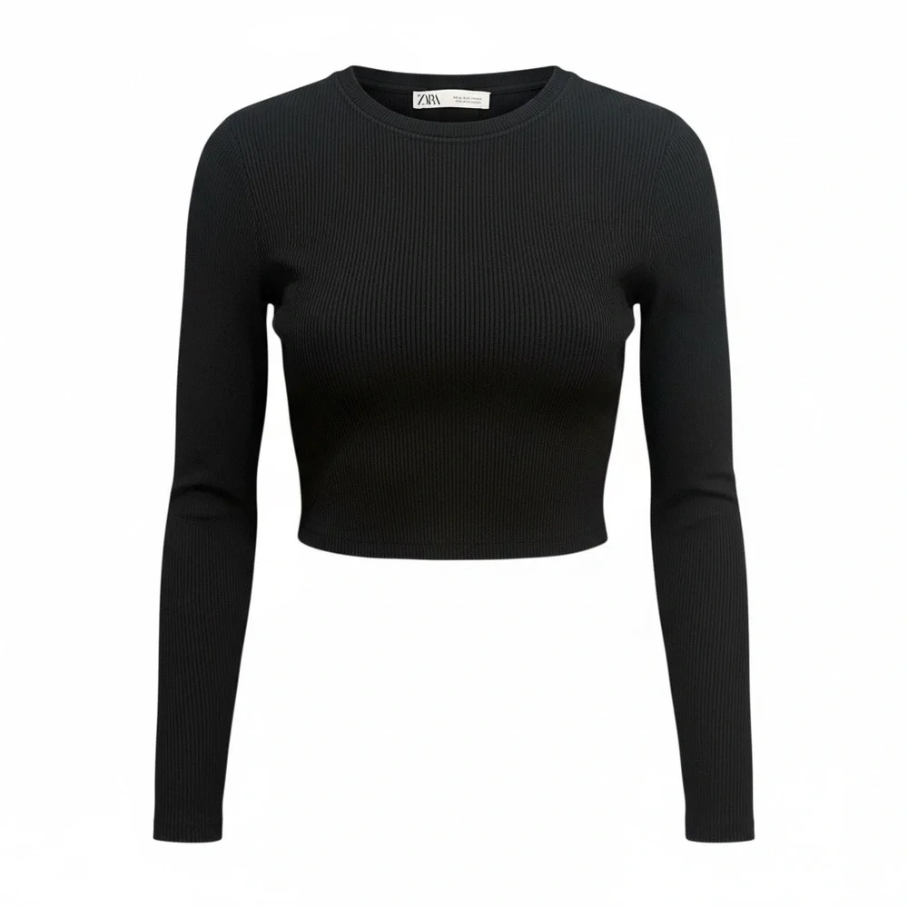 Zara Black Long Sleeve Ribbed Crop Top